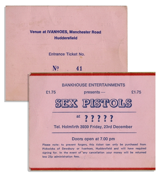 Sex Pistols Ticket for Their Last UK Concert on Christmas Day 1977